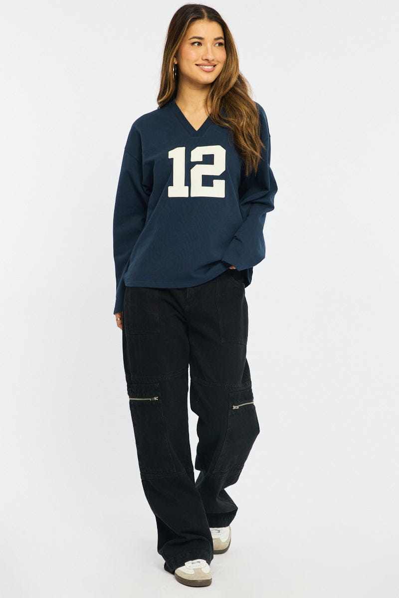 Blue V-neck Sweater Long Sleeve for Ally Fashion