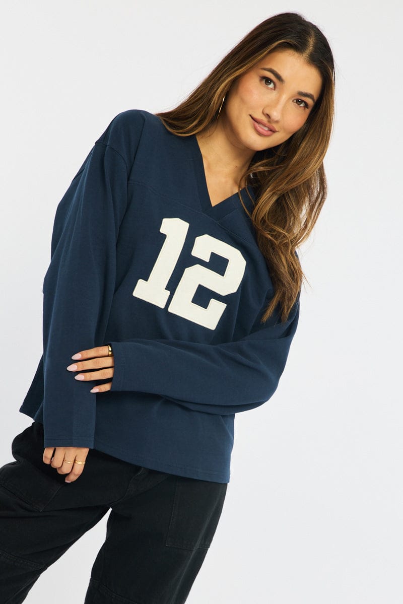 Blue V-neck Sweater Long Sleeve for Ally Fashion