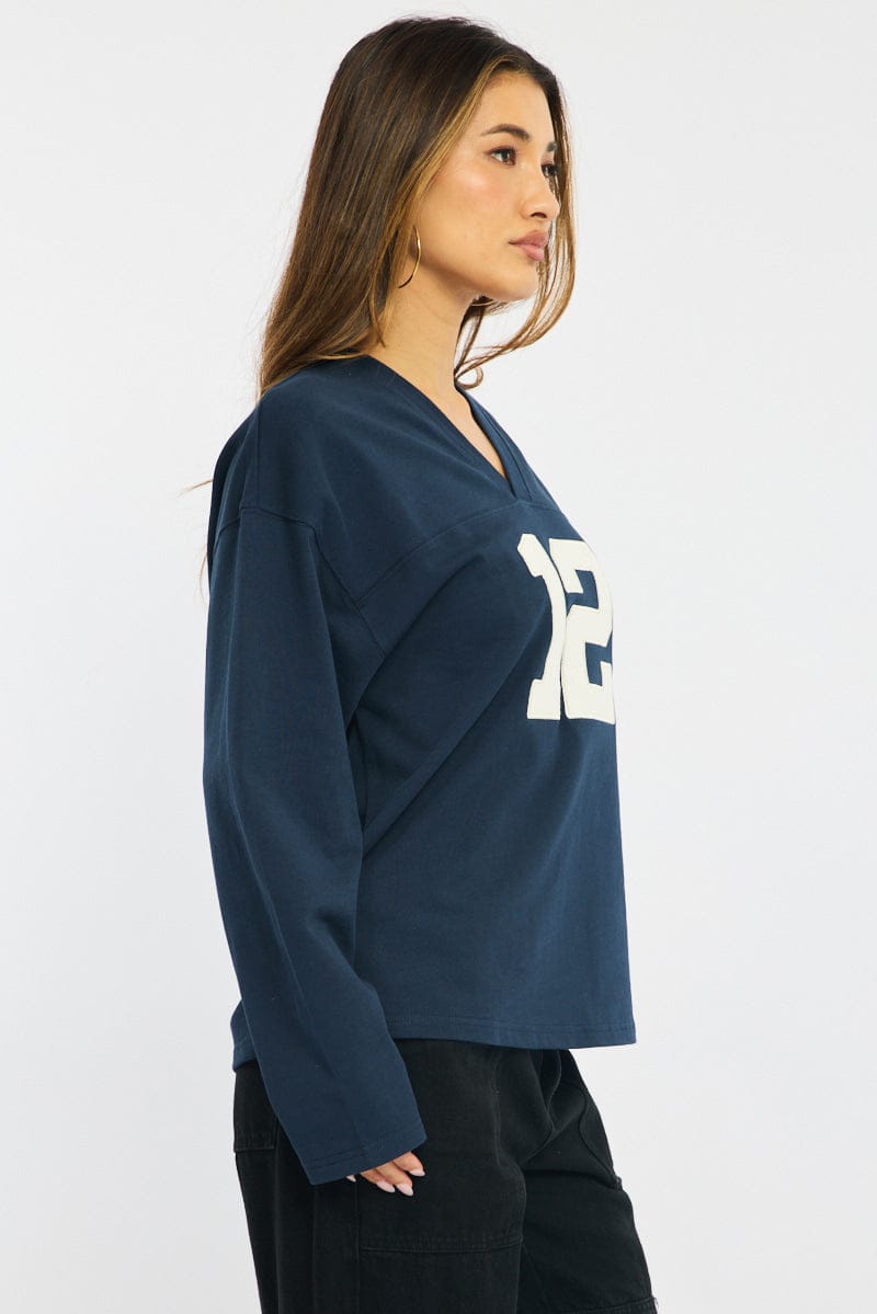 Blue V-neck Sweater Long Sleeve for Ally Fashion