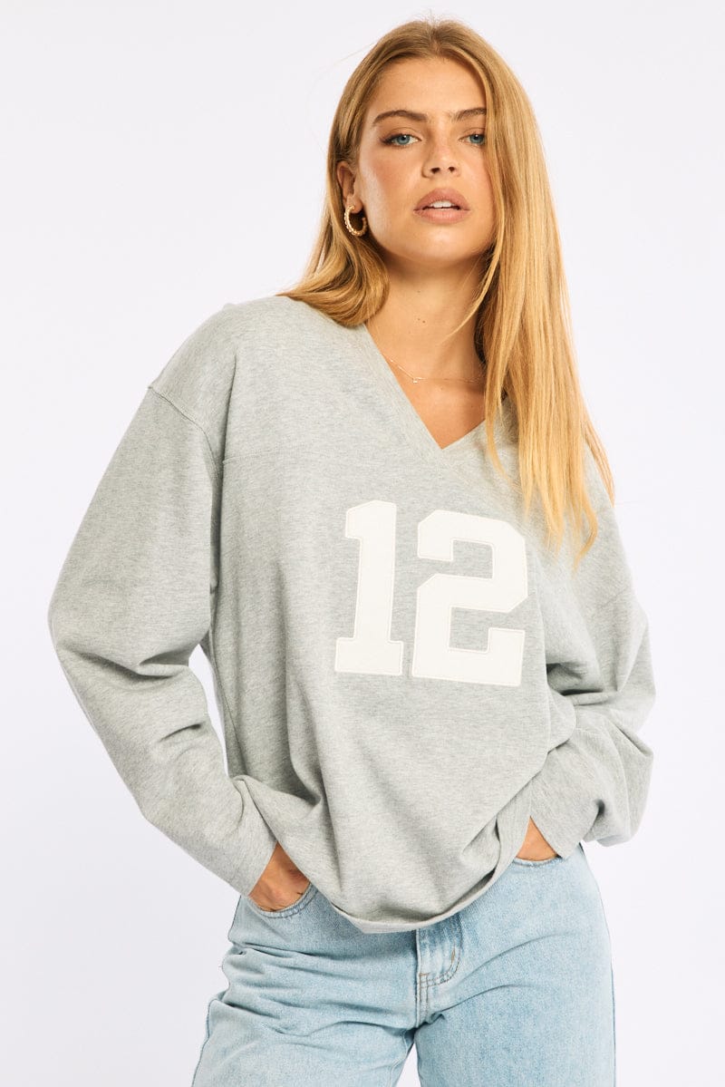 Grey V-neck Sweater Long Sleeve for Ally Fashion