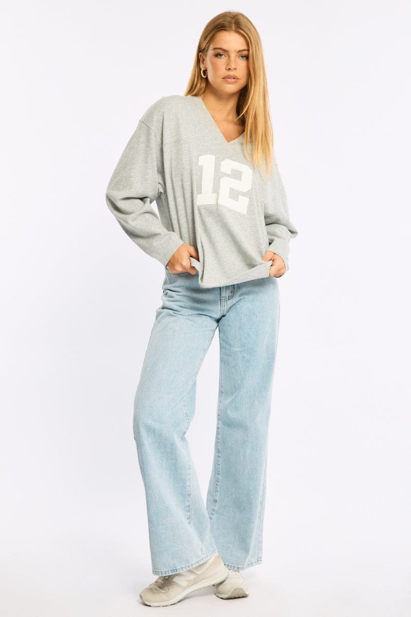 Grey V-neck Sweater Long Sleeve for Ally Fashion
