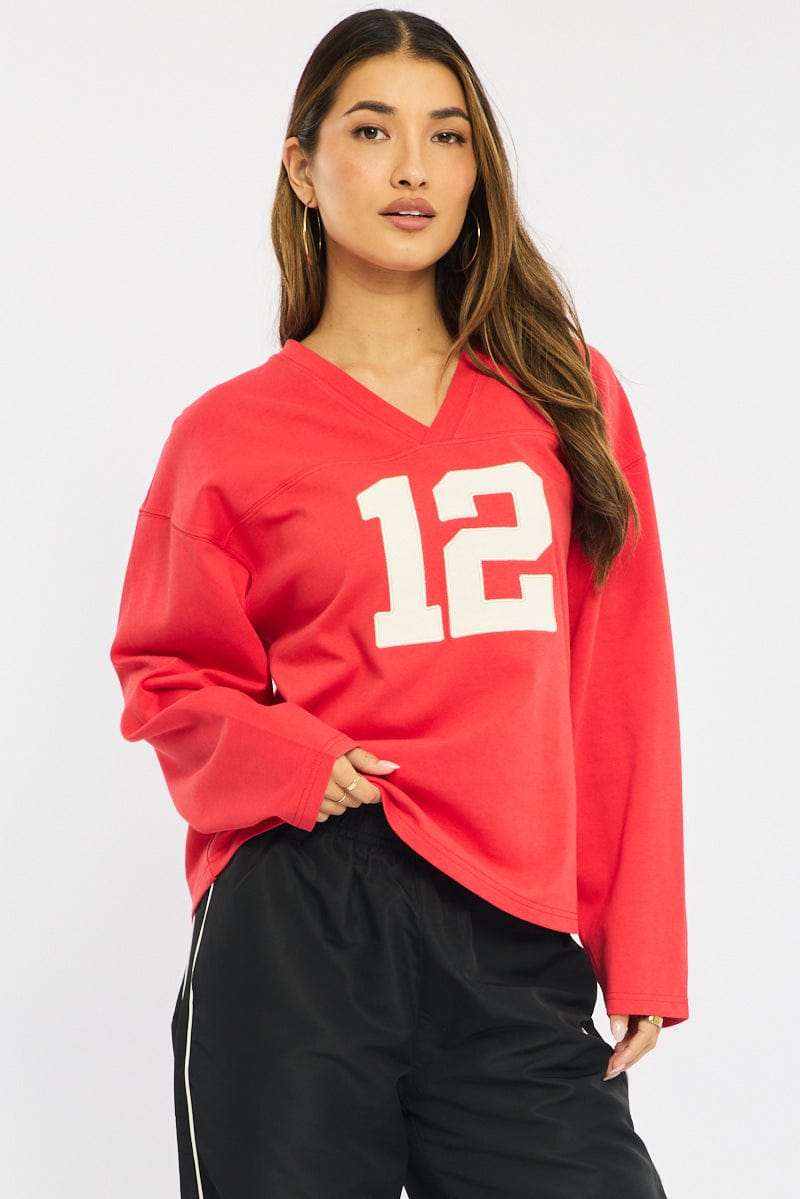 Red V-neck Sweater Long Sleeve for Ally Fashion