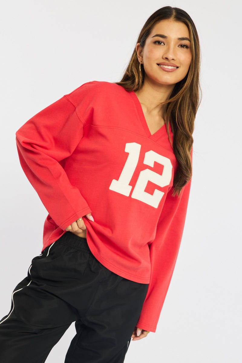 Red V-neck Sweater Long Sleeve for Ally Fashion