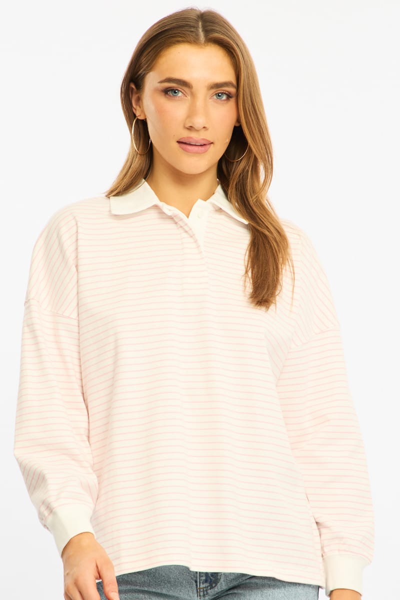 Pink Stripe Collared Top Long Sleeve for Ally Fashion