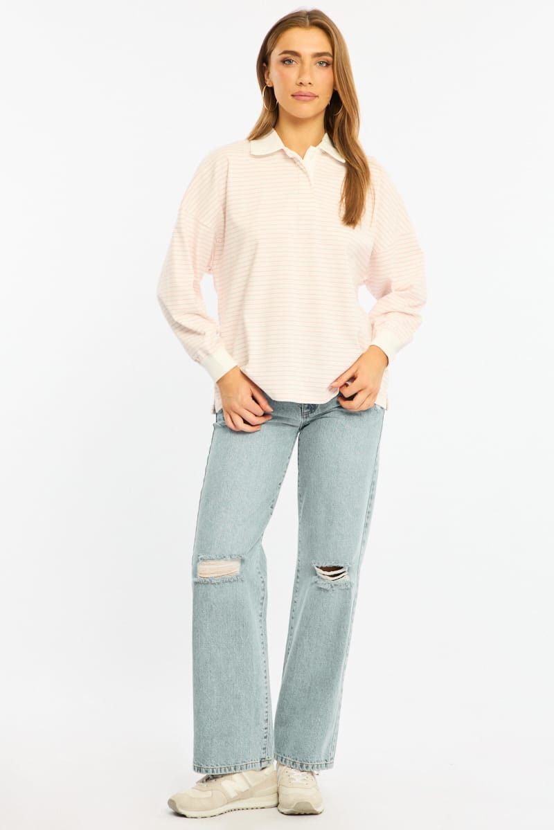 Pink Stripe Collared Top Long Sleeve for Ally Fashion