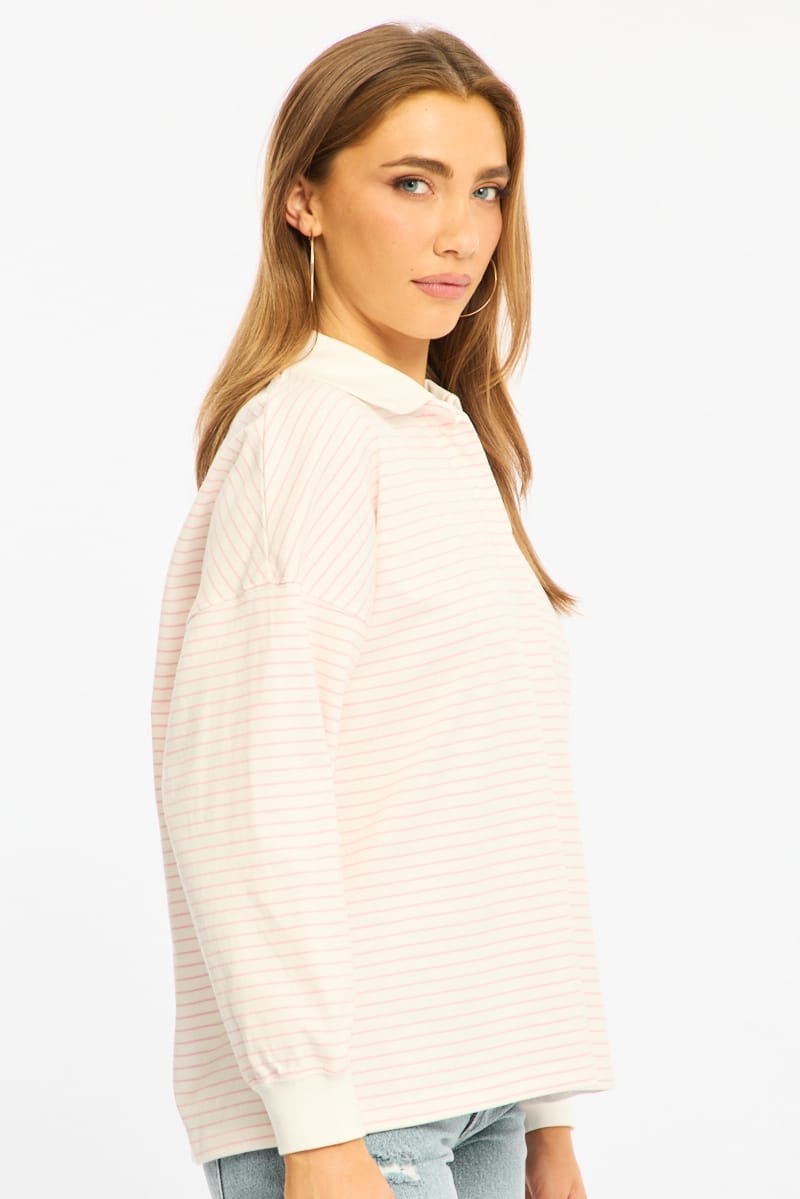 Pink Stripe Collared Top Long Sleeve for Ally Fashion