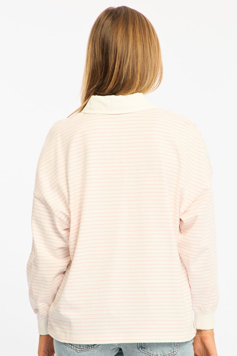 Pink Stripe Collared Top Long Sleeve for Ally Fashion