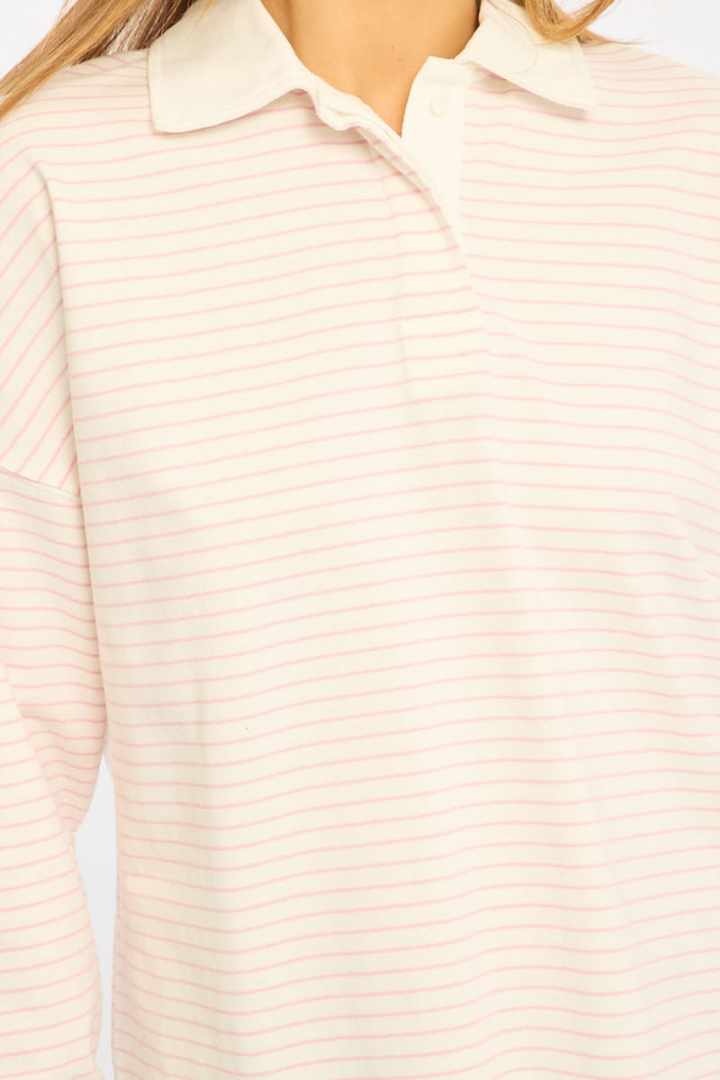 Pink Stripe Collared Top Long Sleeve for Ally Fashion