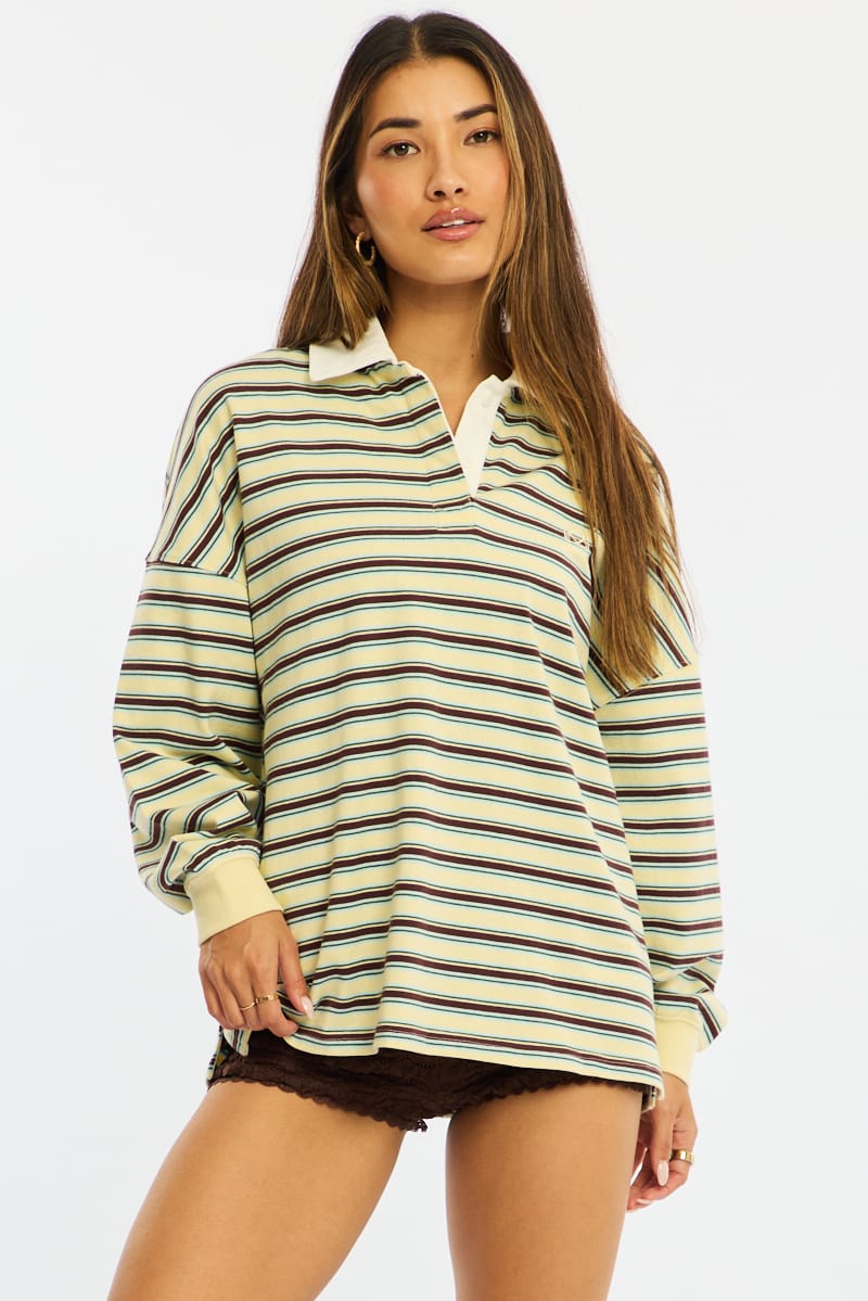 Yellow Stripe Collared Top Short Sleeve for Ally Fashion
