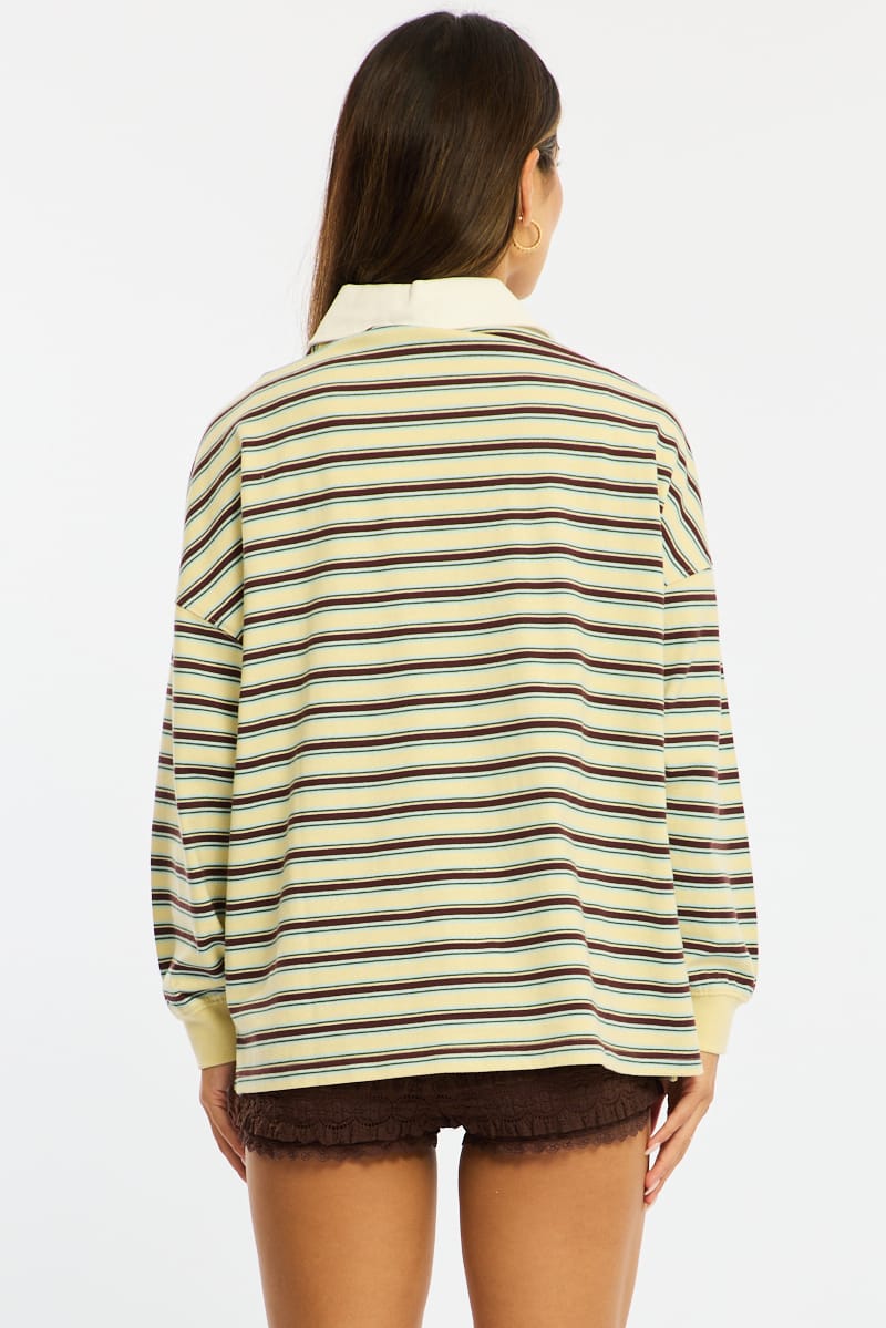 Yellow Stripe Collared Top Short Sleeve for Ally Fashion