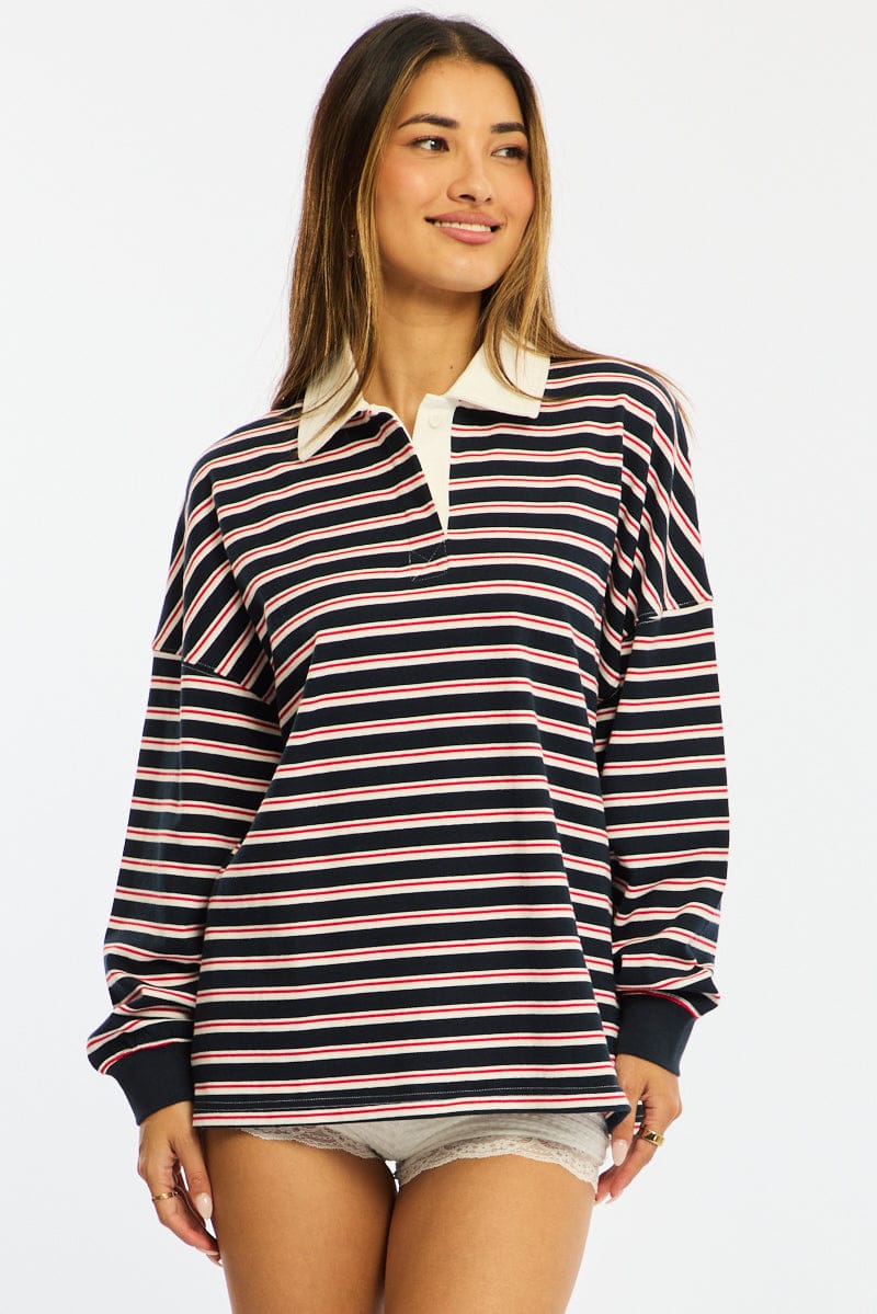 Blue Stripe Collared Top Short Sleeve for Ally Fashion
