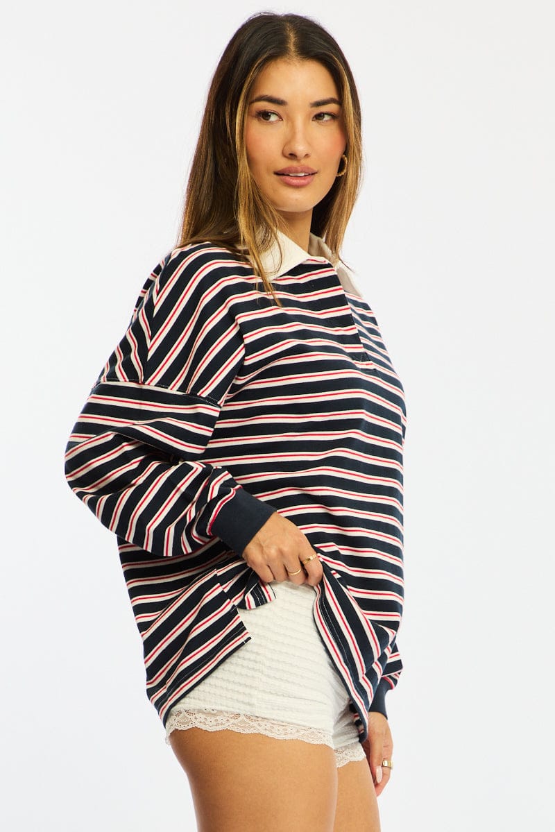 Blue Stripe Collared Top Short Sleeve for Ally Fashion