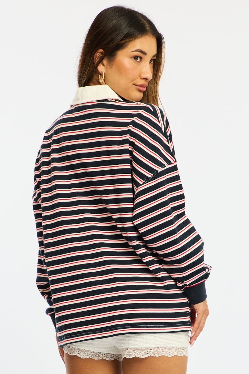 Blue Stripe Collared Top Short Sleeve for Ally Fashion