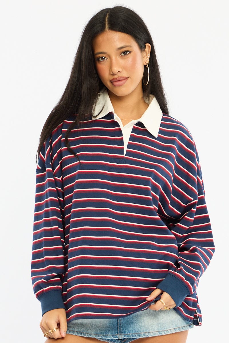 Blue Stripe Collared Top Short Sleeve for Ally Fashion