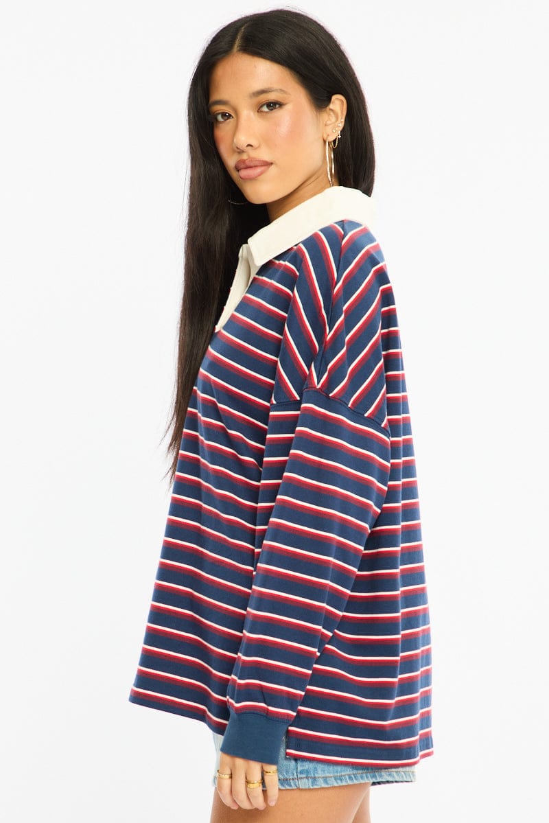 Blue Stripe Collared Top Short Sleeve for Ally Fashion