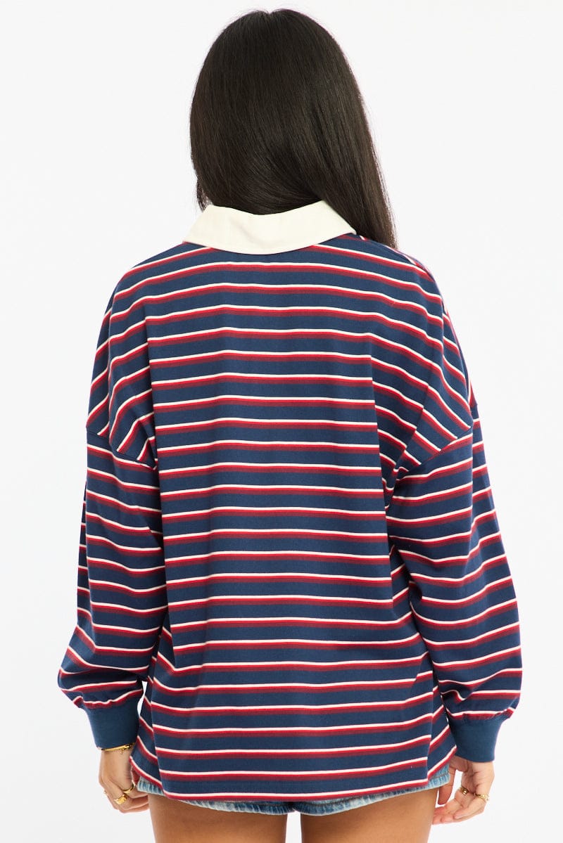 Blue Stripe Collared Top Short Sleeve for Ally Fashion