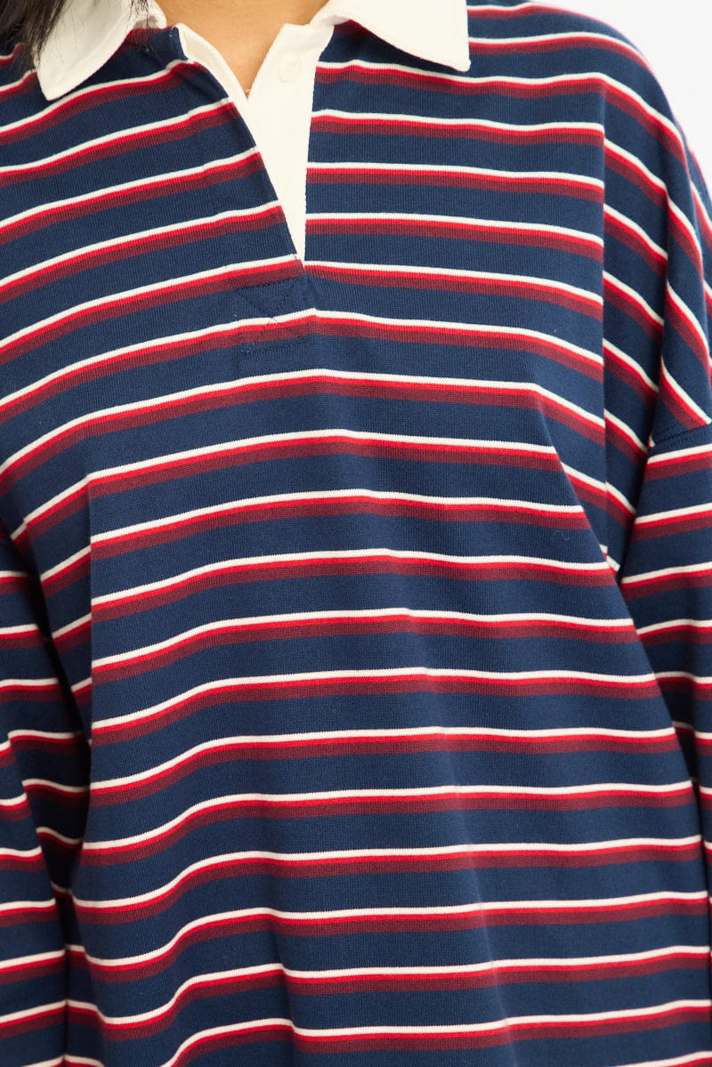 Blue Stripe Collared Top Short Sleeve for Ally Fashion