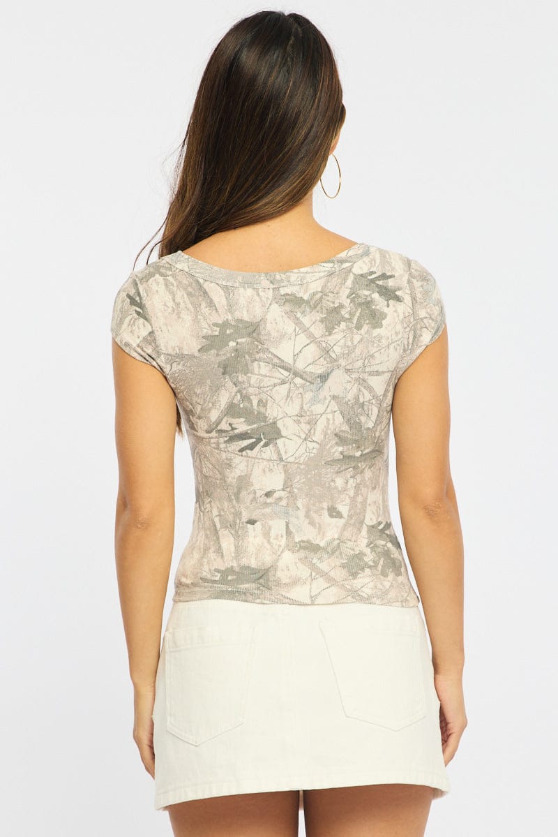 Green Print Scoop Neck T-shirt Short Sleeve for Ally Fashion
