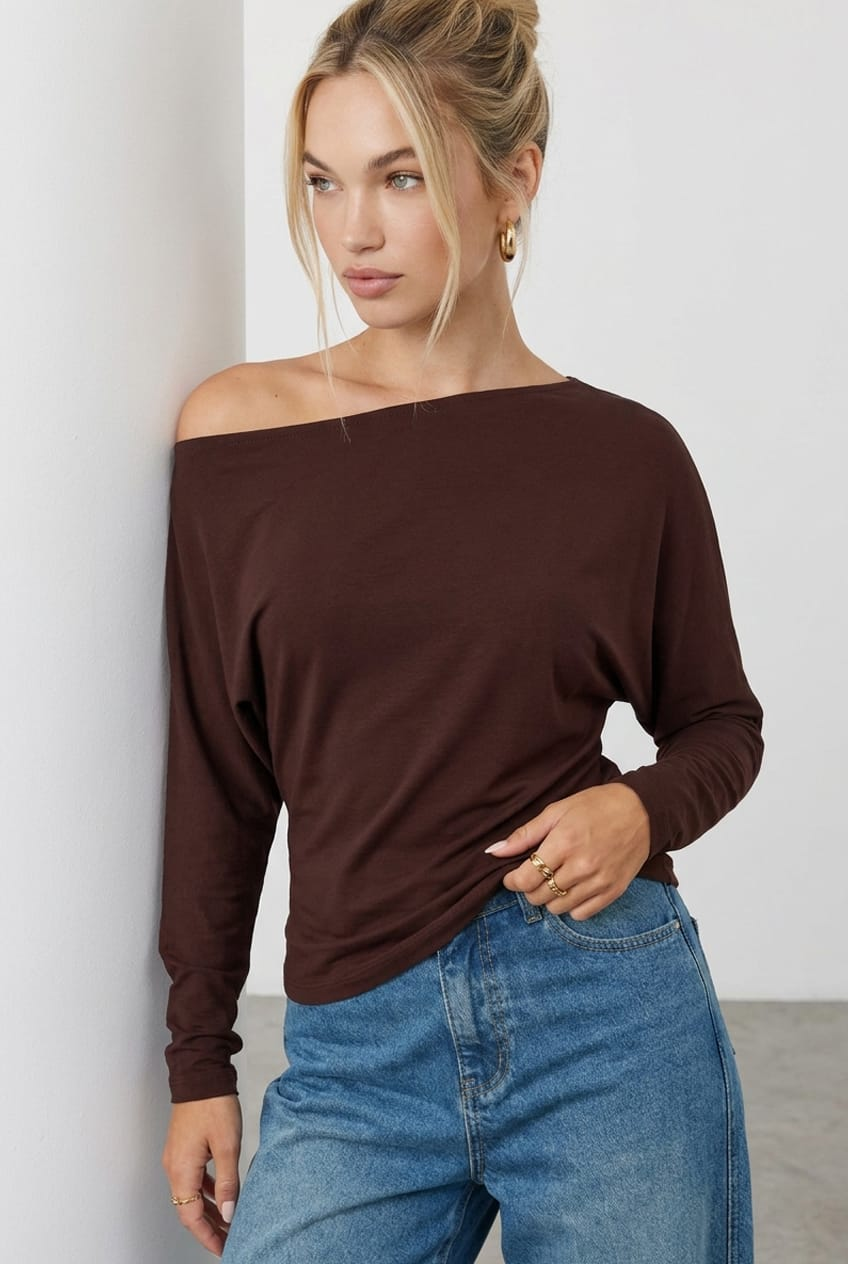 Brown Long-Sleeve Top Relaxed-Fit from Ally Fashion