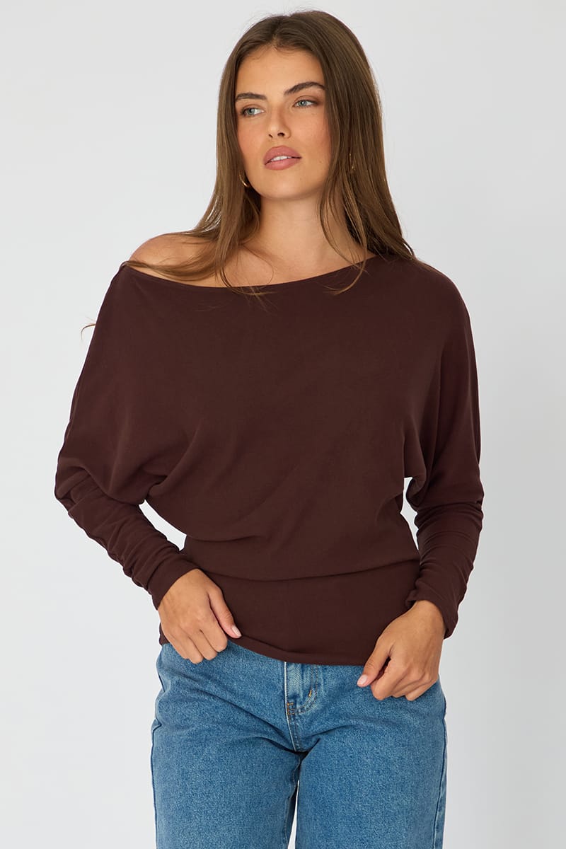 Brown Long Sleeve Top Relaxed Fit for Ally Fashion