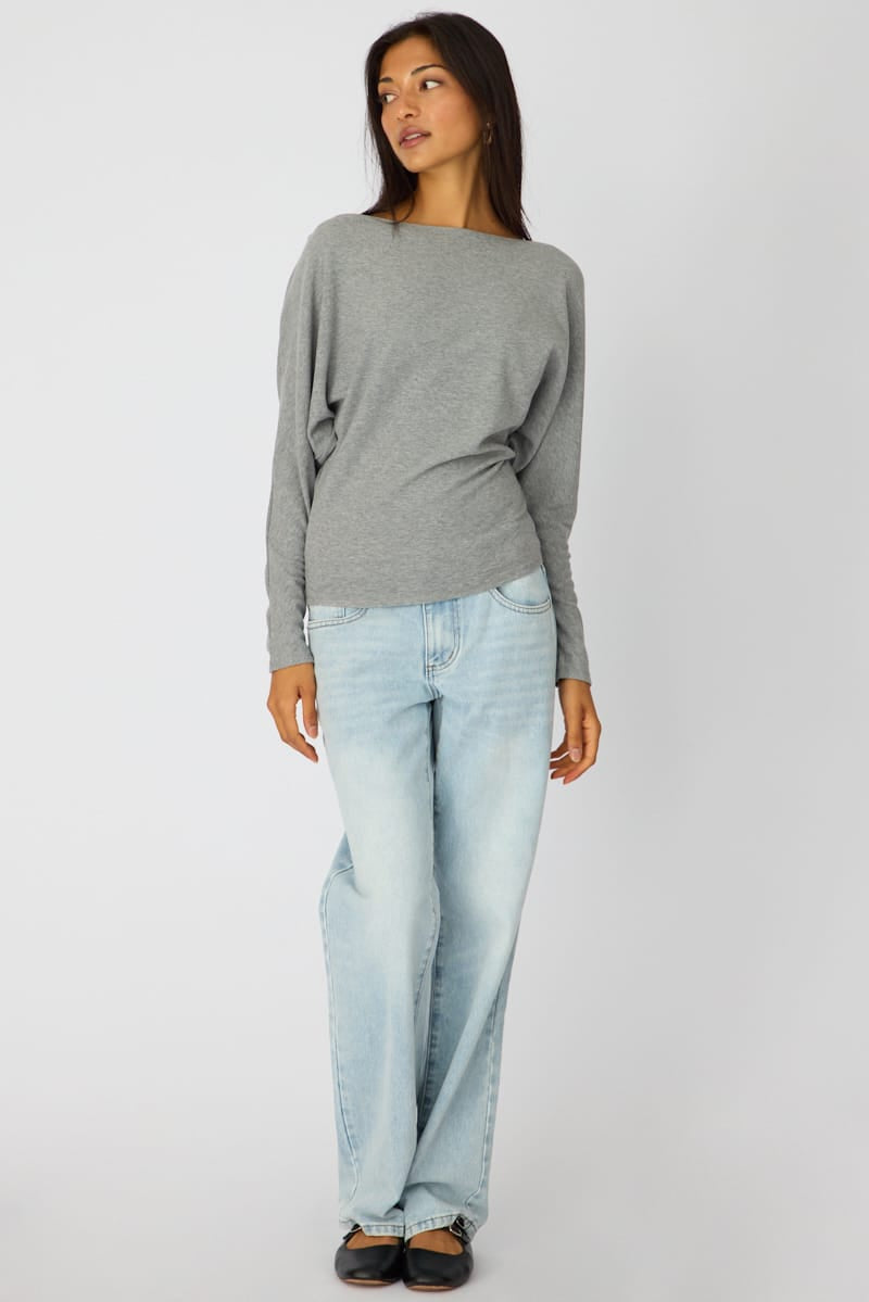 Grey Long Sleeve Relaxed Fit Top for Ally Fashion