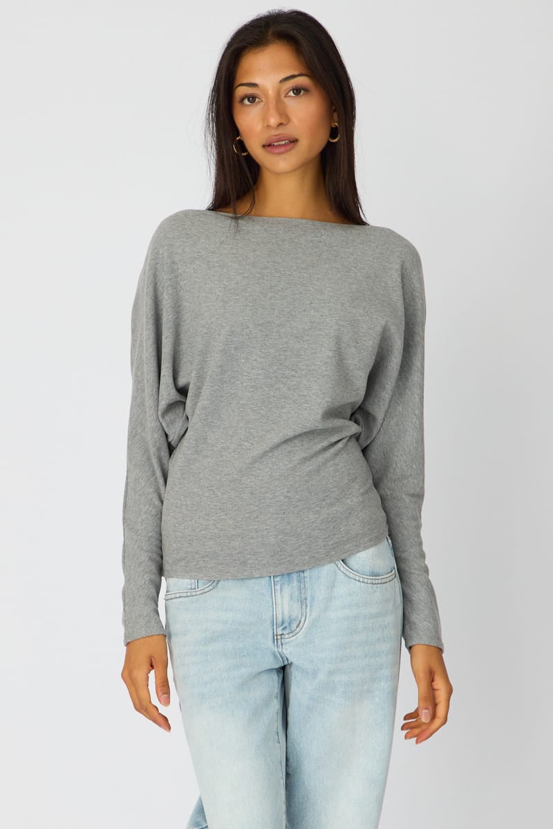 Grey Long Sleeve Relaxed Fit Top for Ally Fashion