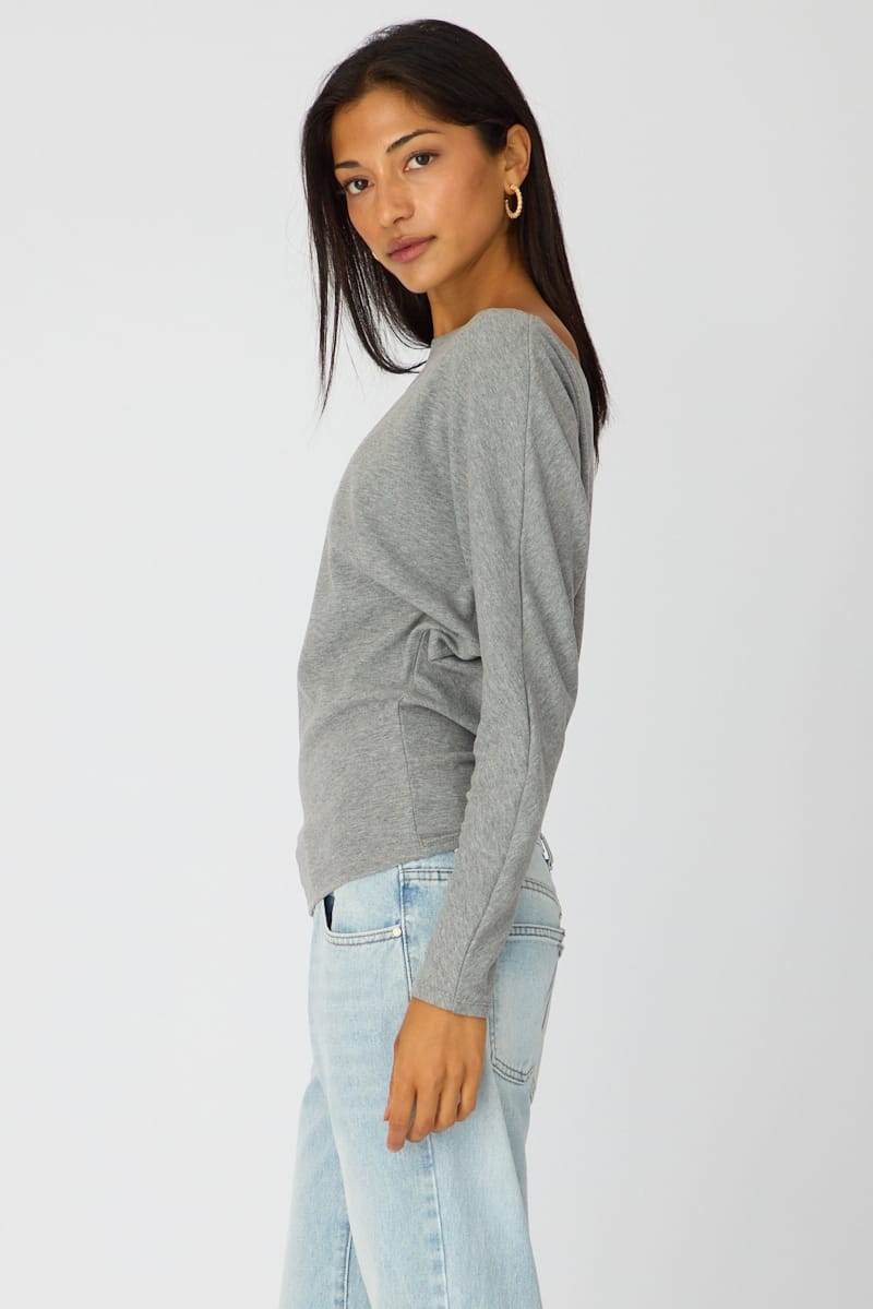 Grey Long Sleeve Relaxed Fit Top for Ally Fashion