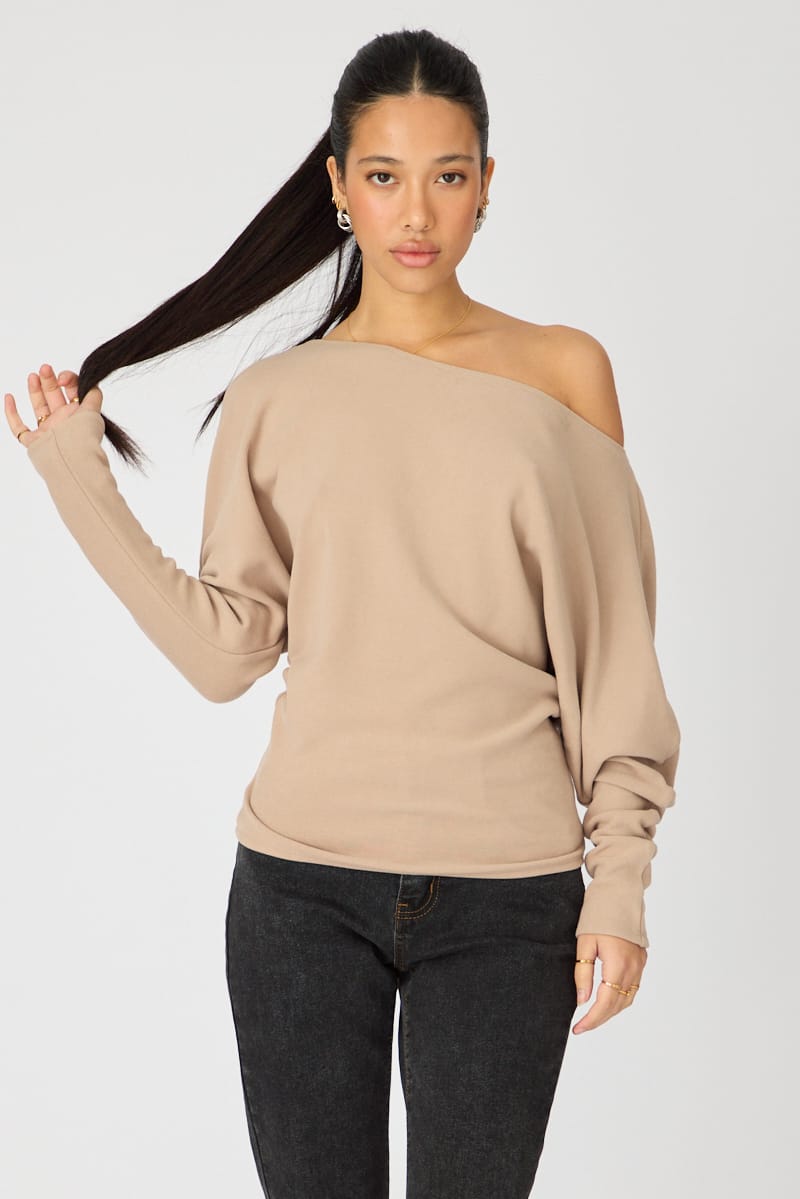 Brown Long Sleeve Relaxed Fit Top for Ally Fashion