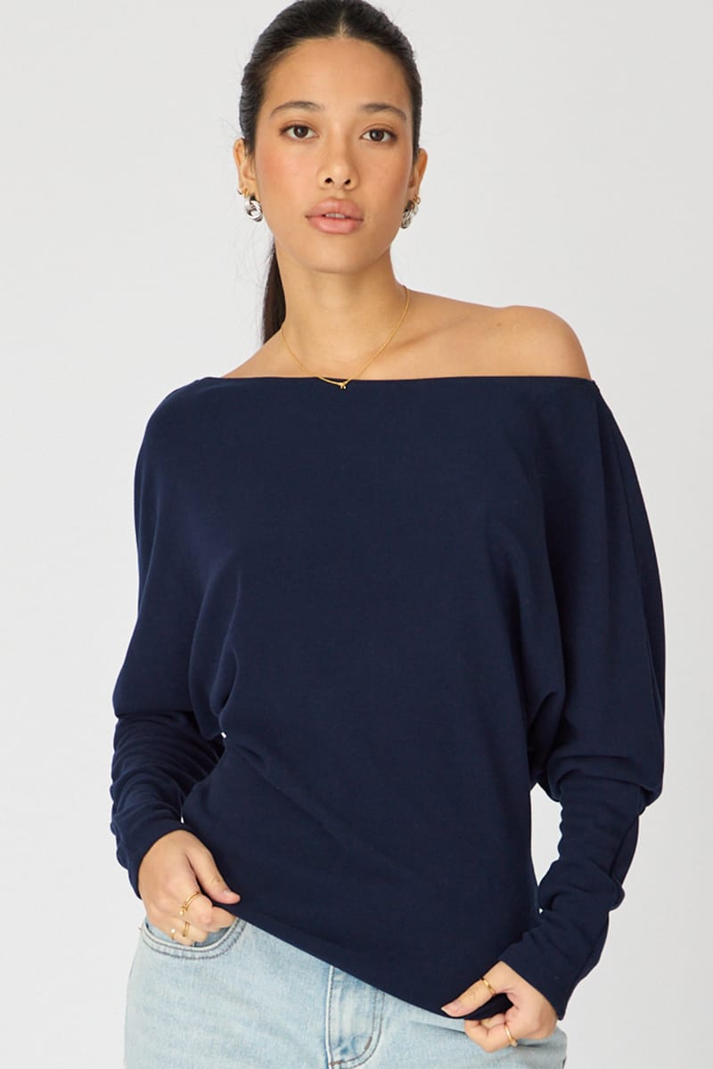 Blue Long Sleeve Relaxed Fit Top for Ally Fashion