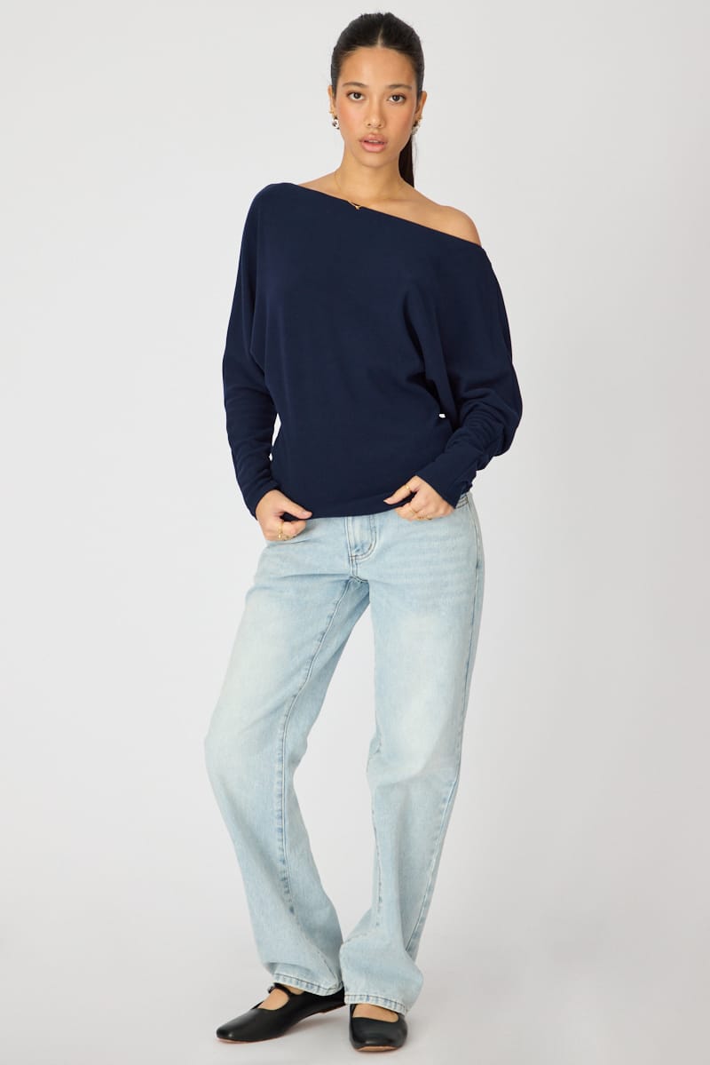 Blue Long Sleeve Relaxed Fit Top for Ally Fashion