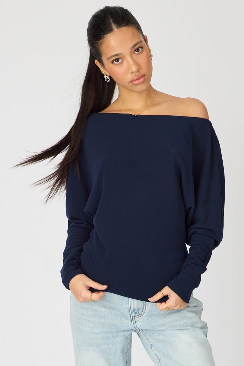 Blue Long Sleeve Relaxed Fit Top for Ally Fashion