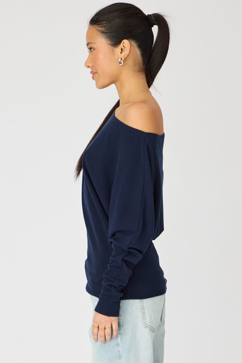 Blue Long Sleeve Relaxed Fit Top for Ally Fashion