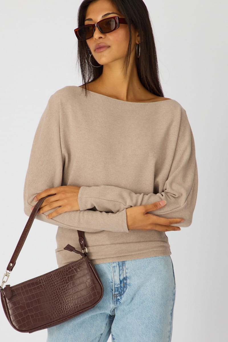Beige Long Sleeve Relaxed Fit Top for Ally Fashion