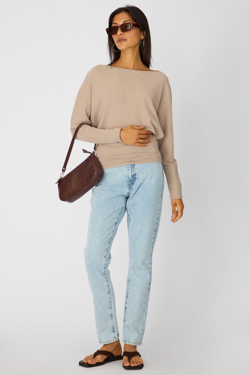 Beige Long Sleeve Relaxed Fit Top for Ally Fashion