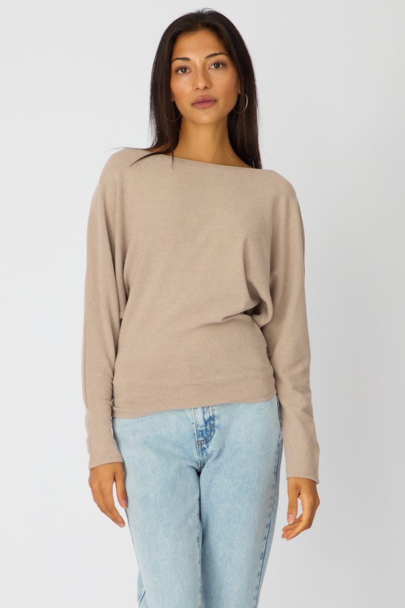 Beige Long Sleeve Relaxed Fit Top for Ally Fashion