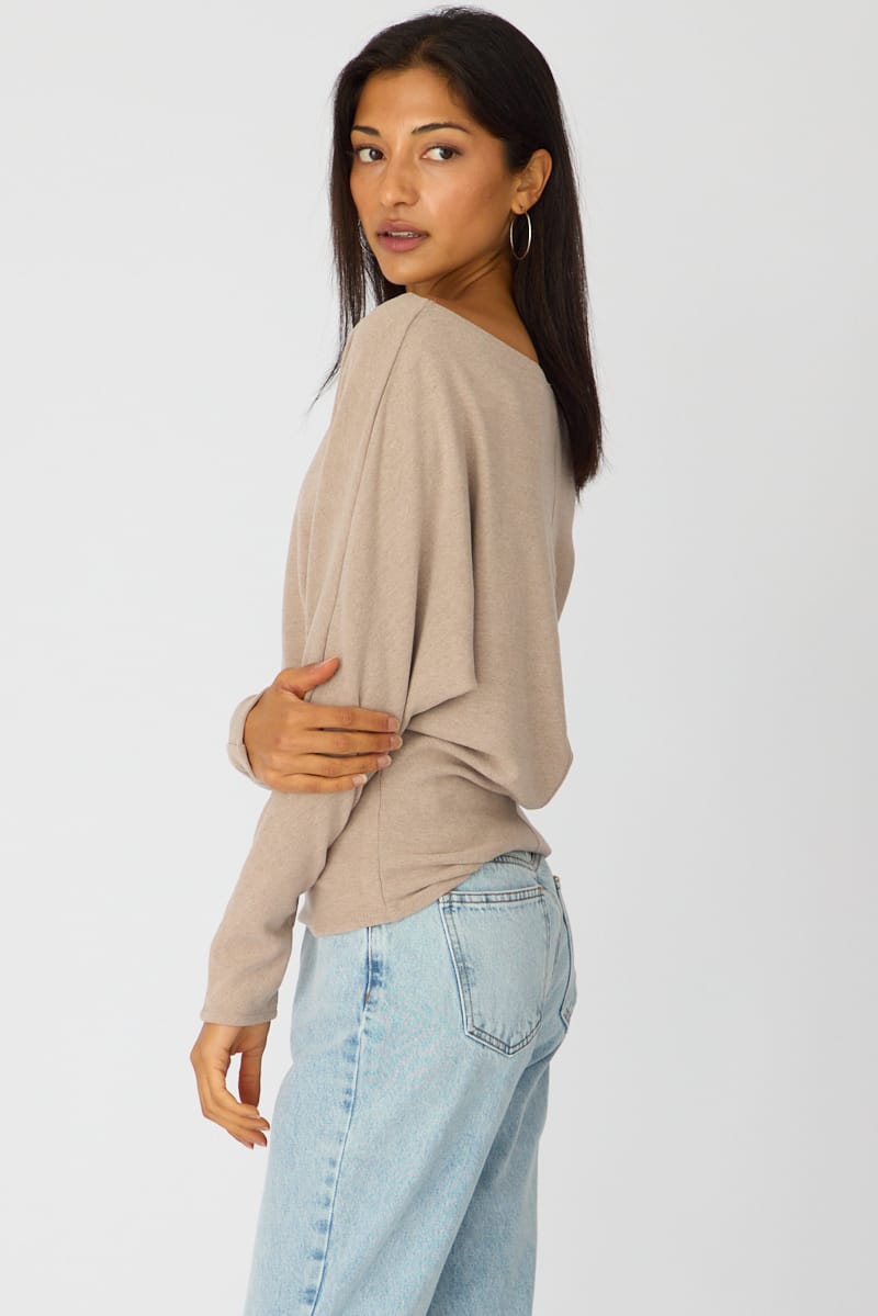 Beige Long Sleeve Relaxed Fit Top for Ally Fashion