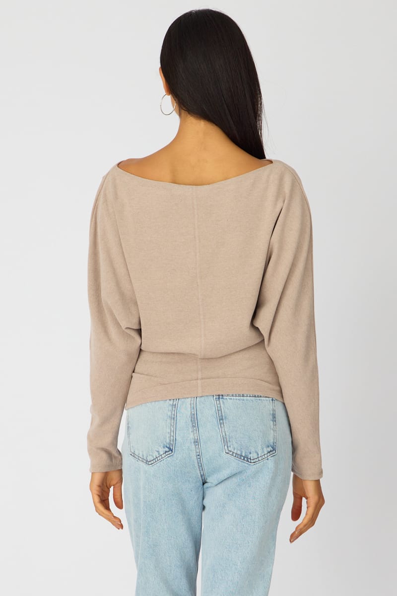 Beige Long Sleeve Relaxed Fit Top for Ally Fashion