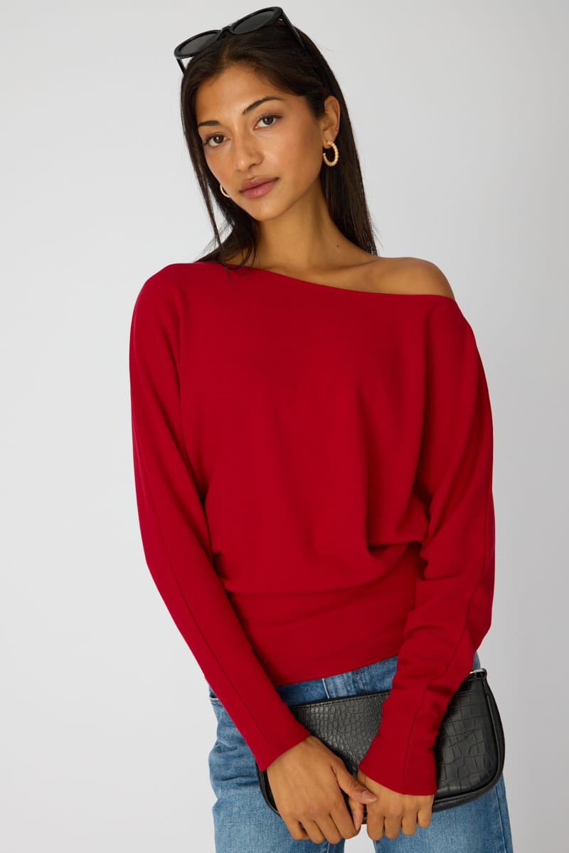 Red Long Sleeve Relaxed Fit Top for Ally Fashion