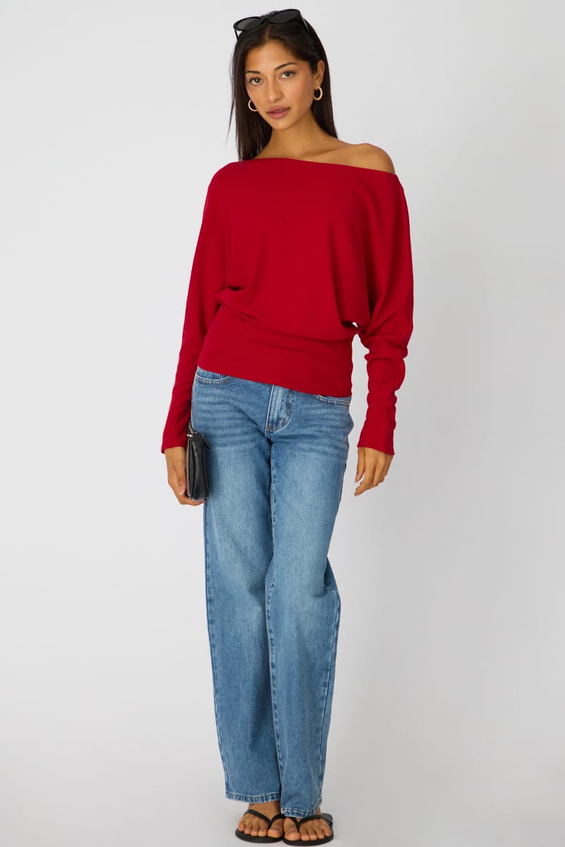 Red Long Sleeve Relaxed Fit Top for Ally Fashion