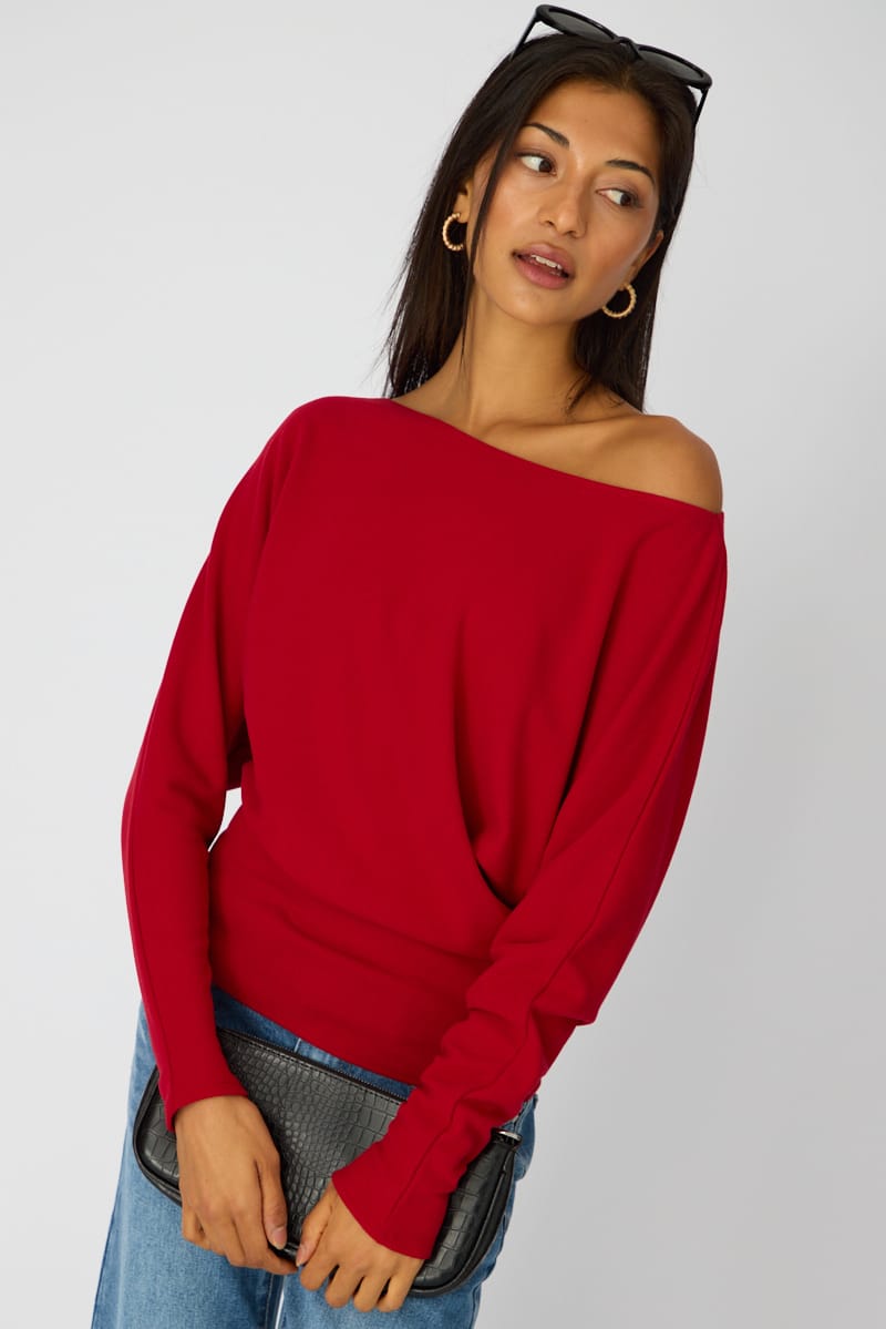 Red Long Sleeve Relaxed Fit Top for Ally Fashion