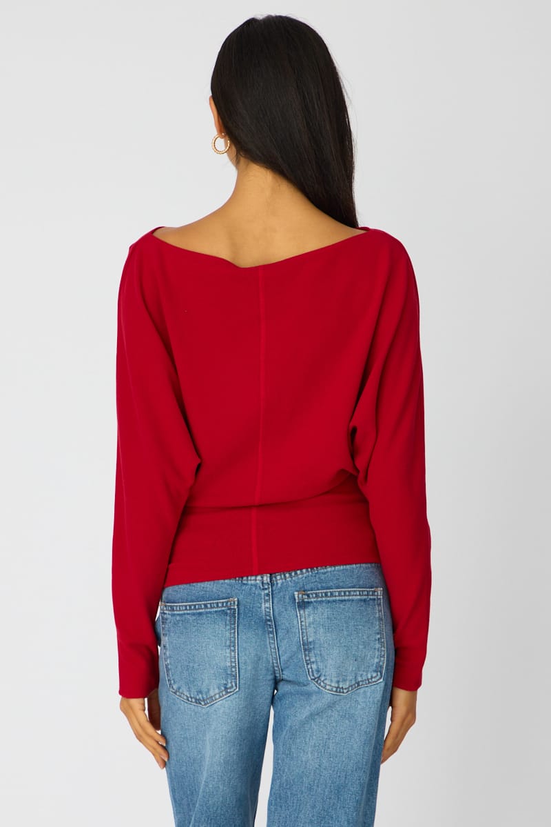 Red Long Sleeve Relaxed Fit Top for Ally Fashion