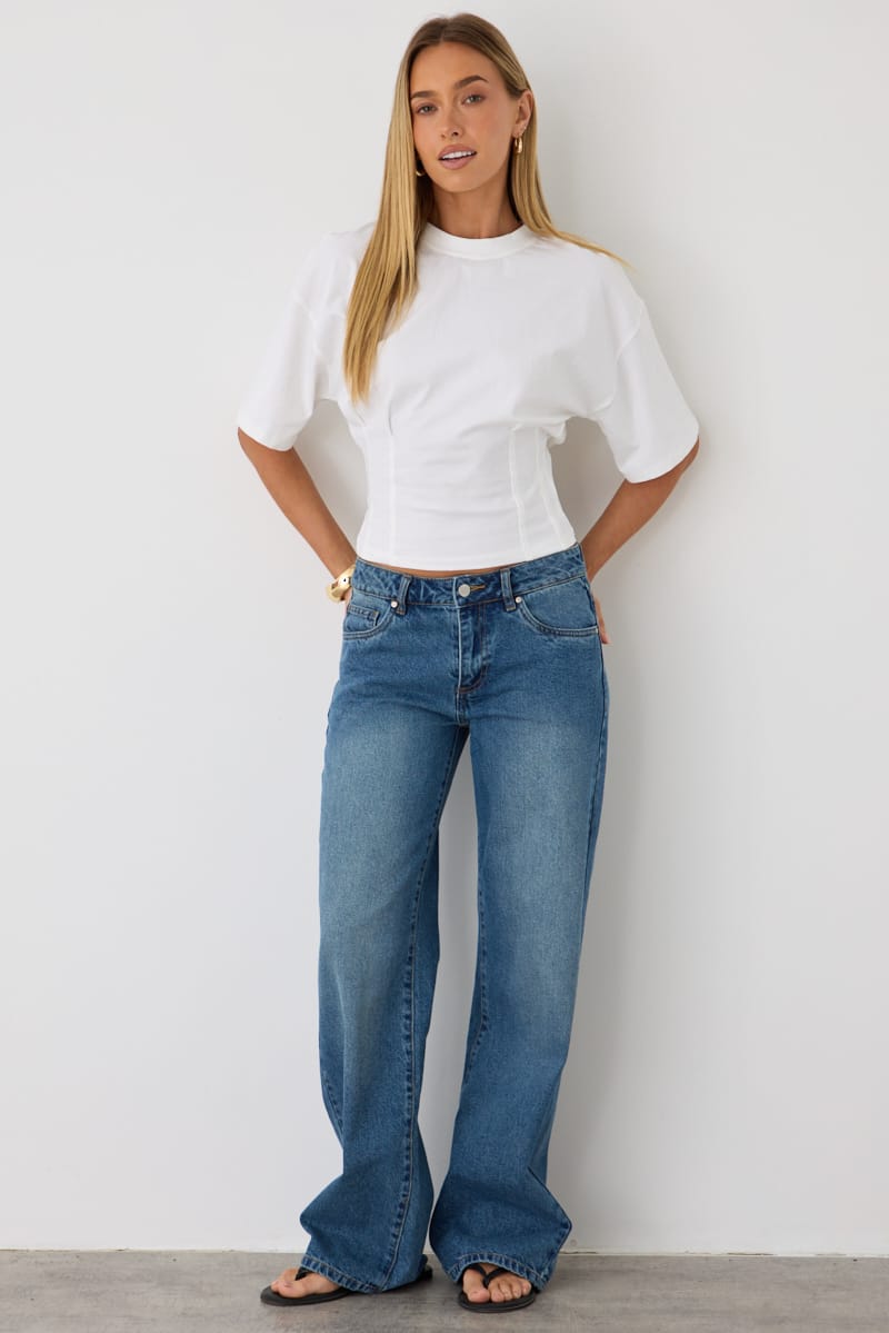 White Ruched Waist Top for Ally Fashion