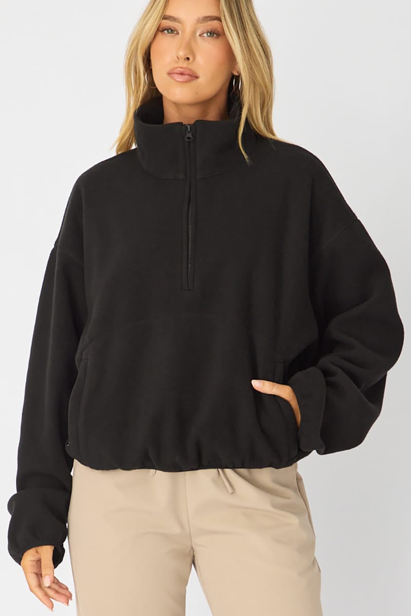 Black Oversized Fit Long Sleeve Fleece Sweater for Ally Fashion