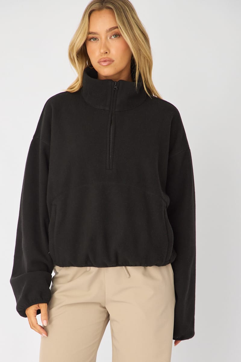Black Oversized Fit Long Sleeve Fleece Sweater for Ally Fashion