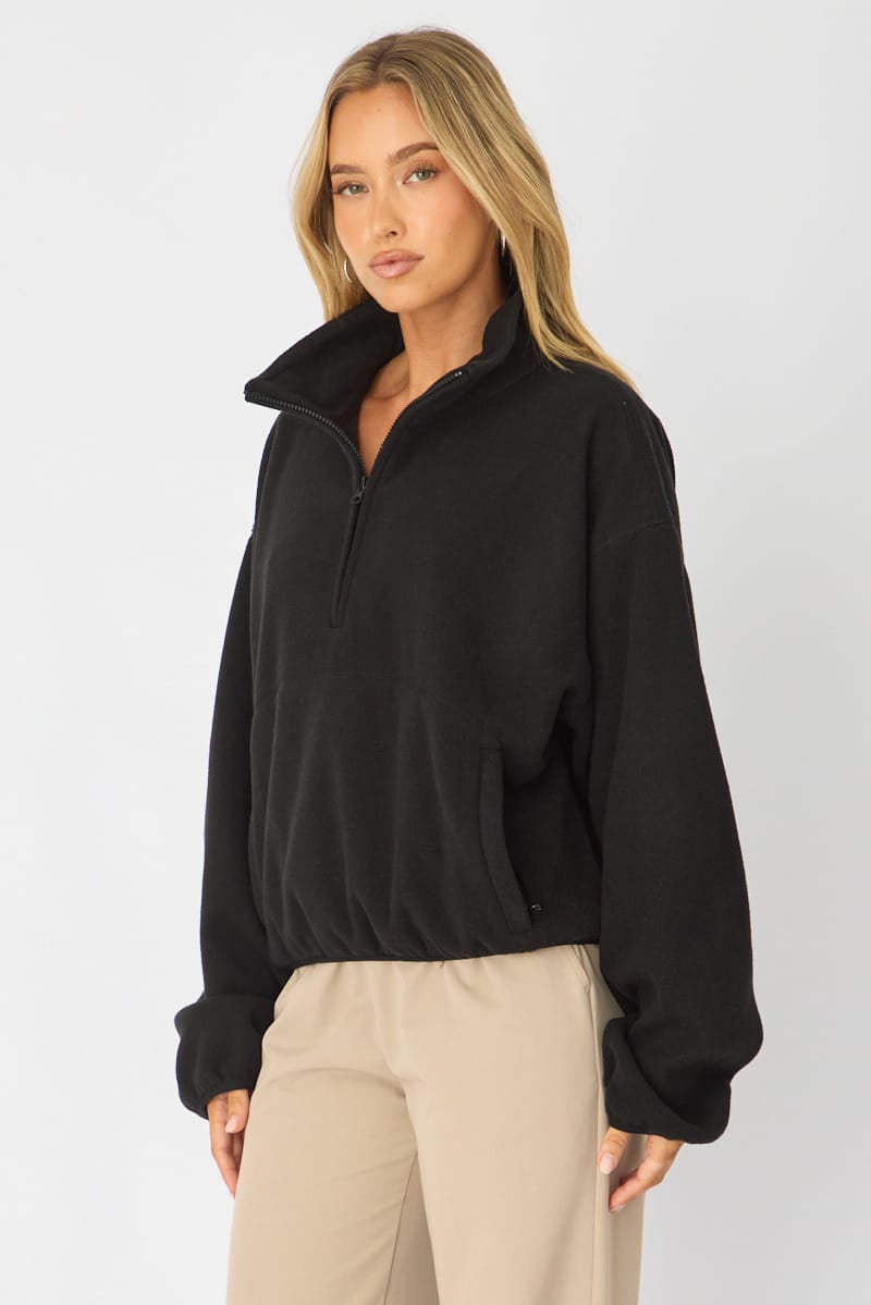 Black Oversized Fit Long Sleeve Fleece Sweater for Ally Fashion