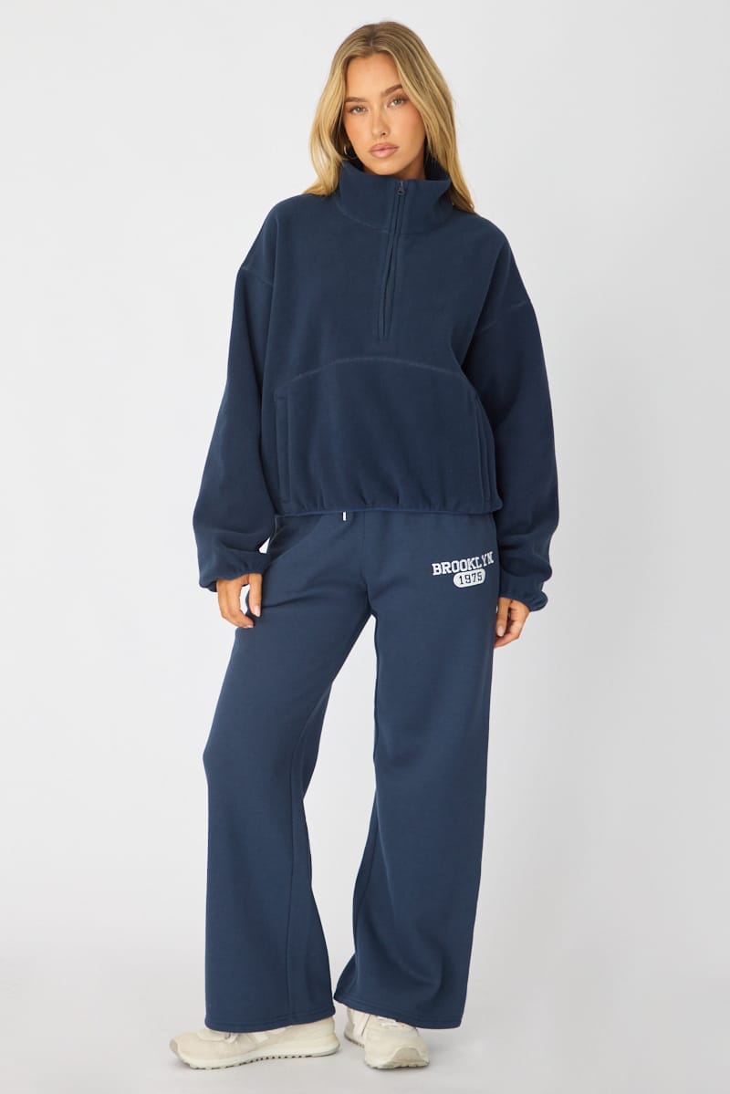 Blue Oversized Fit Long Sleeve Fleece Sweater for Ally Fashion