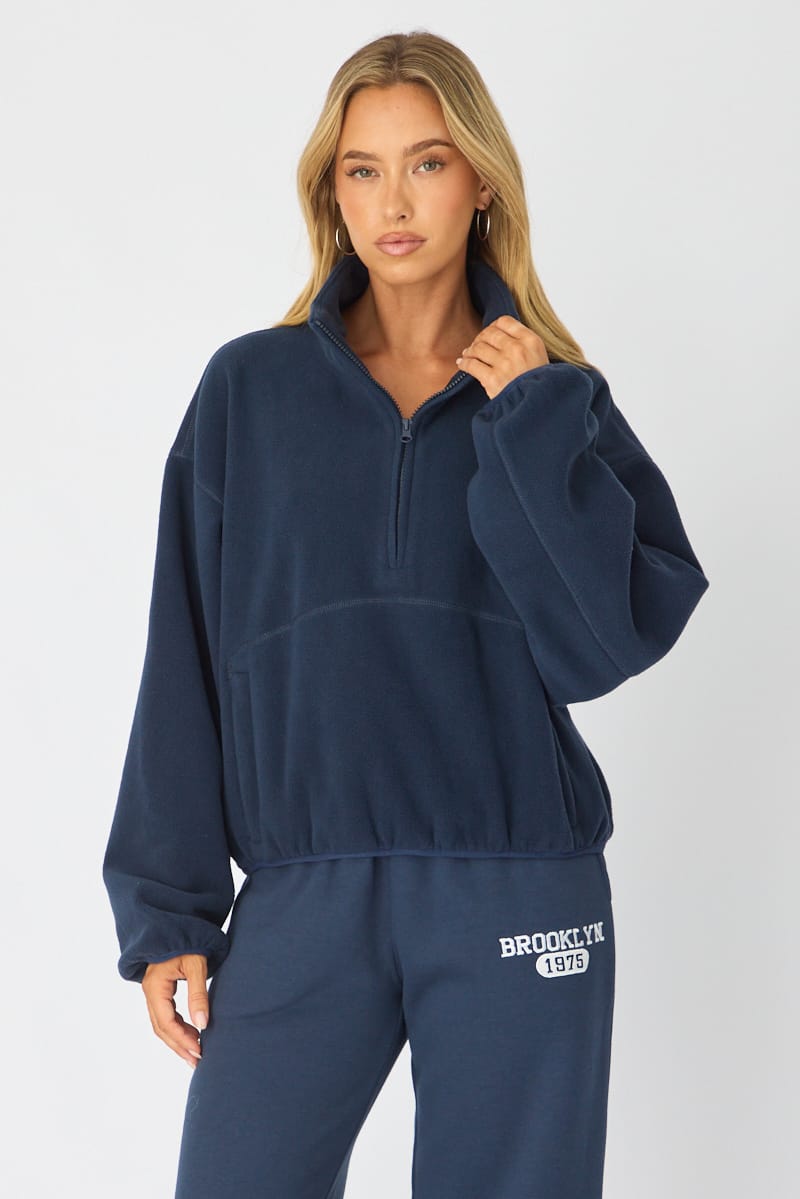 Blue Oversized Fit Long Sleeve Fleece Sweater for Ally Fashion