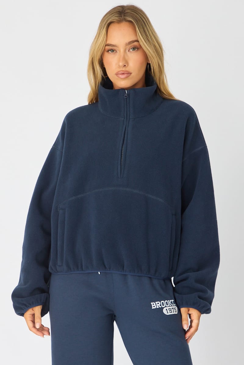 Blue Oversized Fit Long Sleeve Fleece Sweater for Ally Fashion