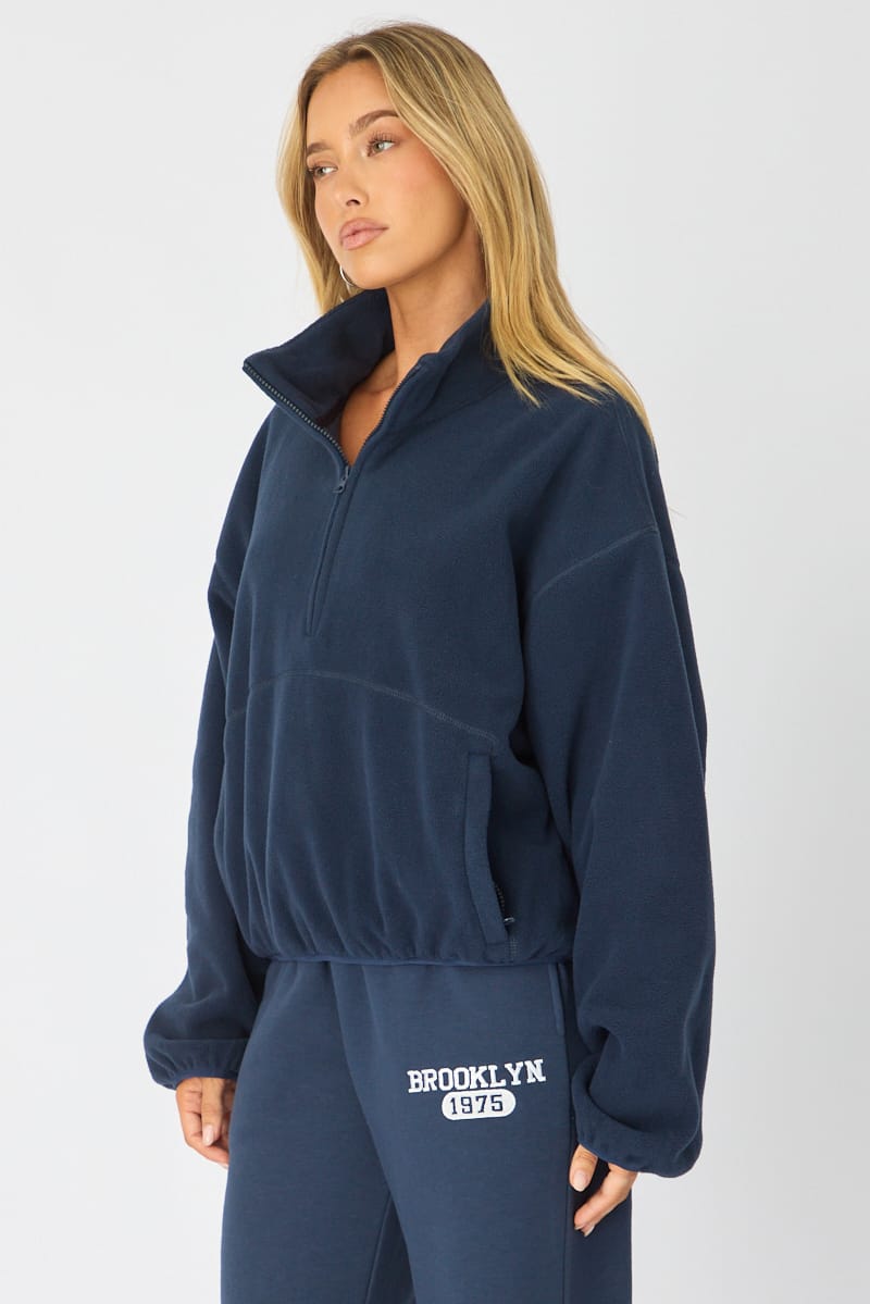 Blue Oversized Fit Long Sleeve Fleece Sweater for Ally Fashion