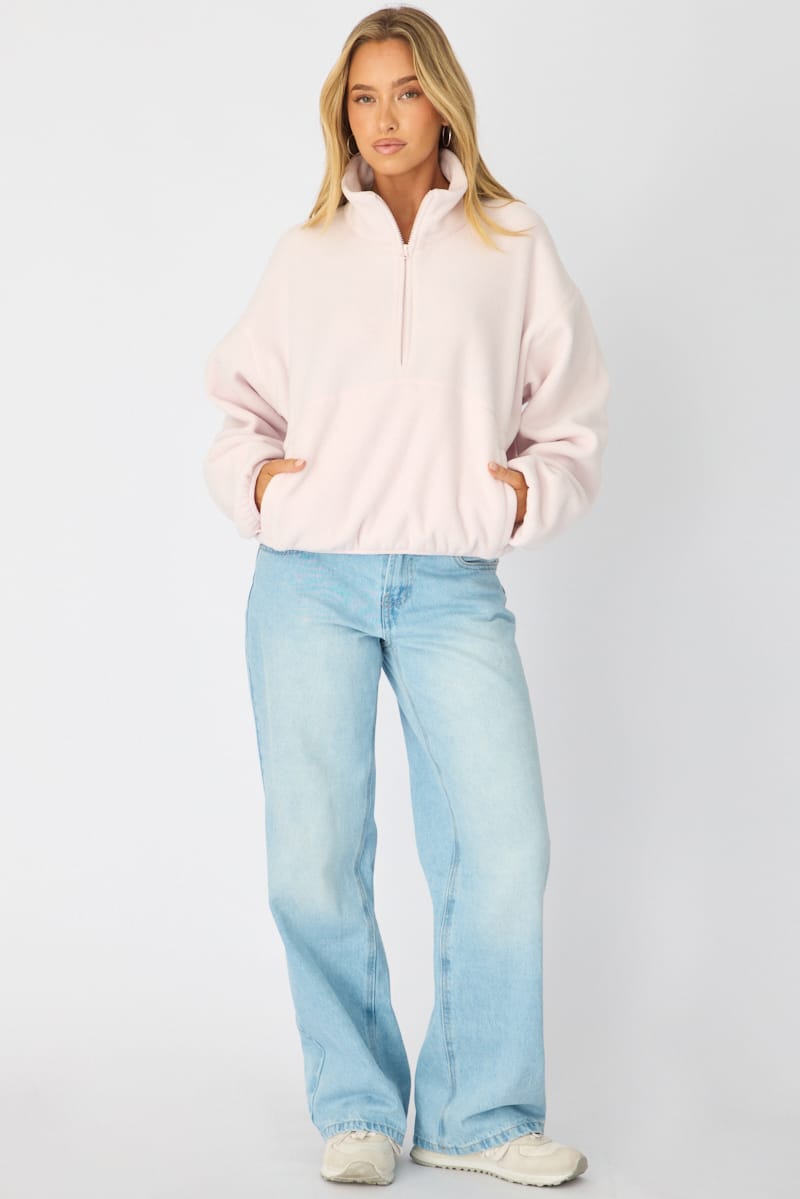 Pink Oversized Fit Long Sleeve Fleece Sweater for Ally Fashion